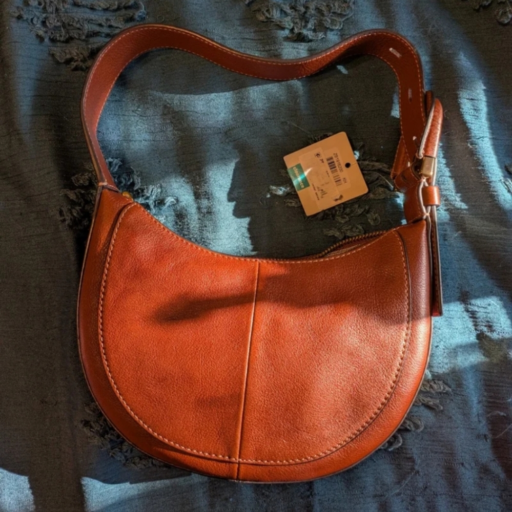 Fossil Harwell Brown Leather Shoulder Crescent Bag with Gold Accents